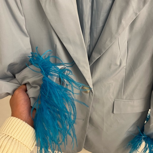 Custom Blue Blazer with Ostrich Feather Trim - Picture 2 of 3